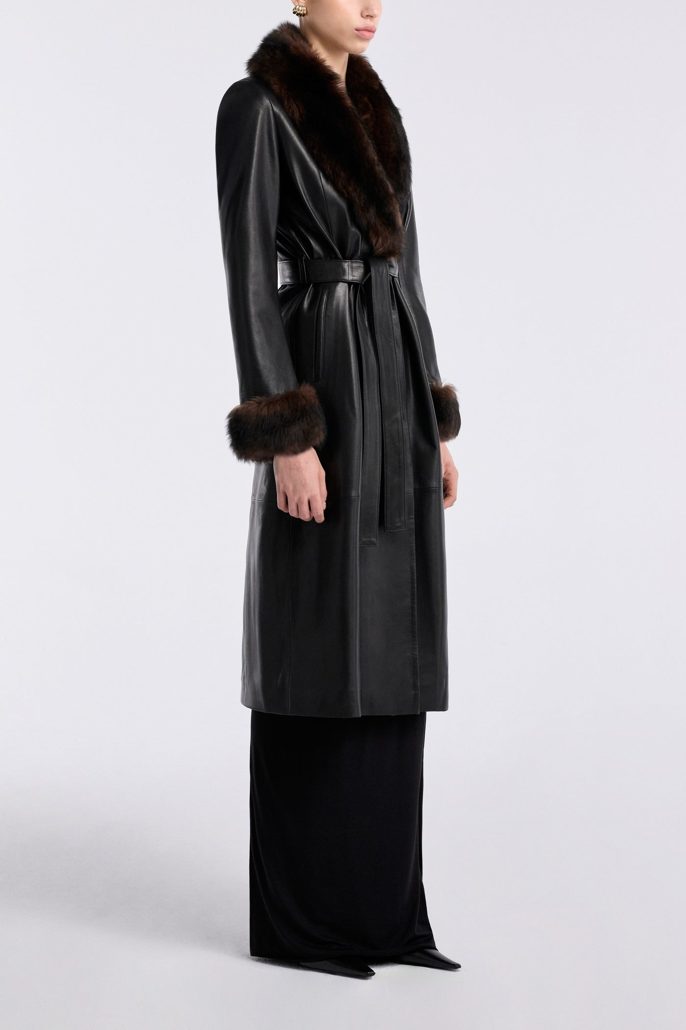 Havira Black Luxe Leather Coat with fox fur collar
