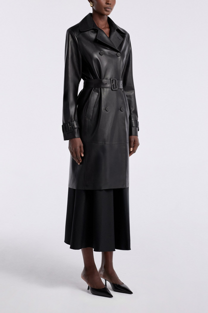 Havira Black Belted Luxe Leather Coat