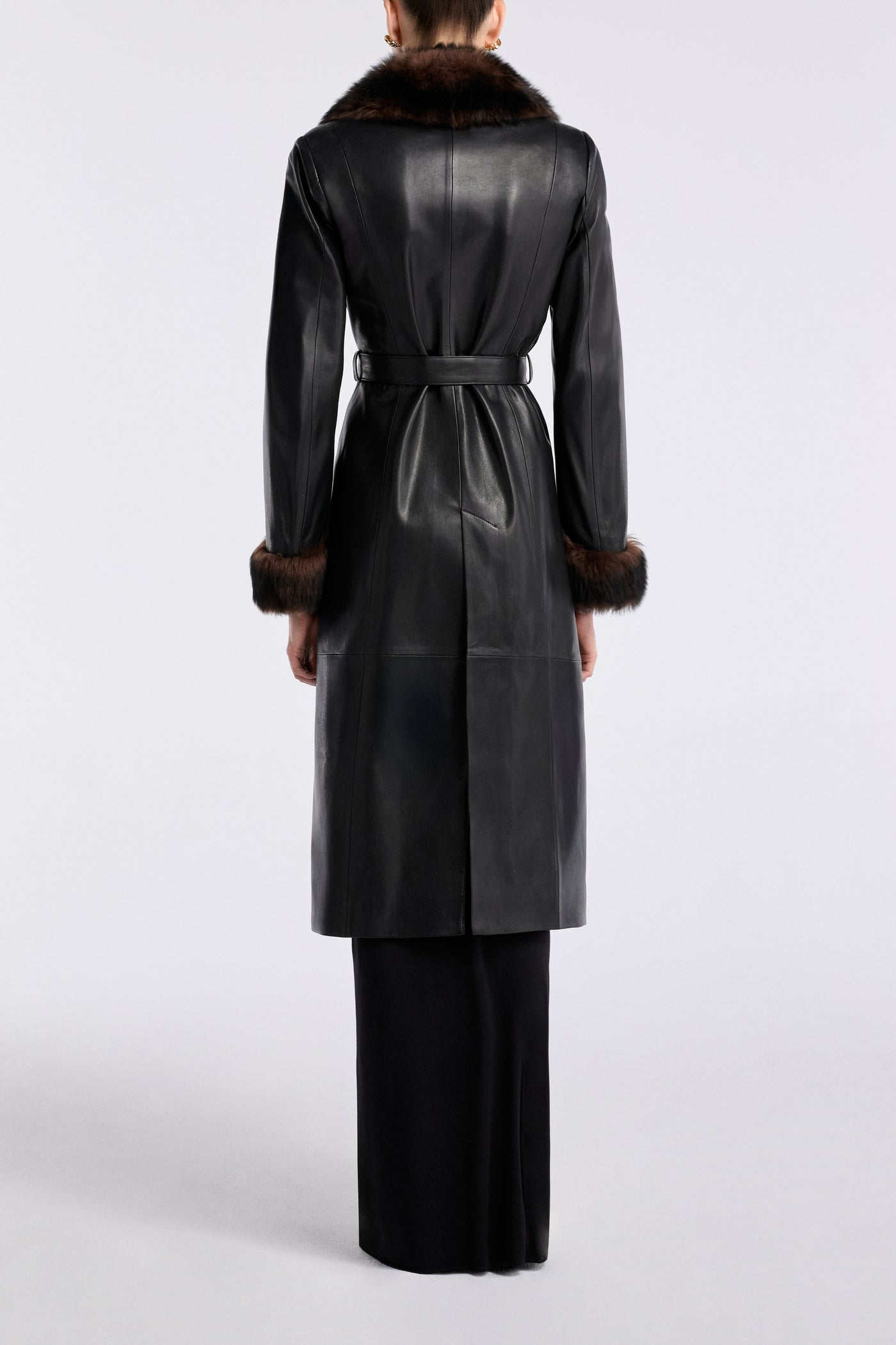 Havira Black Luxe Leather Coat with fox fur collar