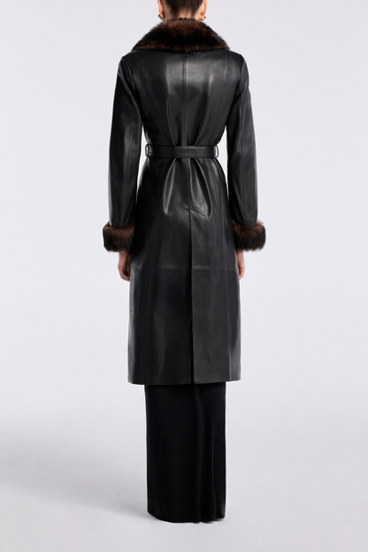 Havira Black Luxe Leather Coat with fox fur collar