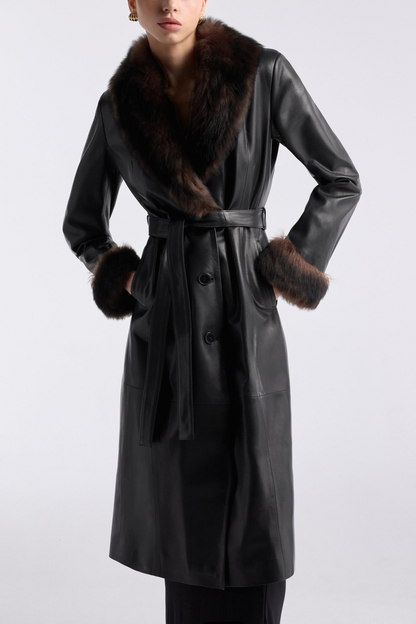 Havira Black Luxe Leather Coat with fox fur collar