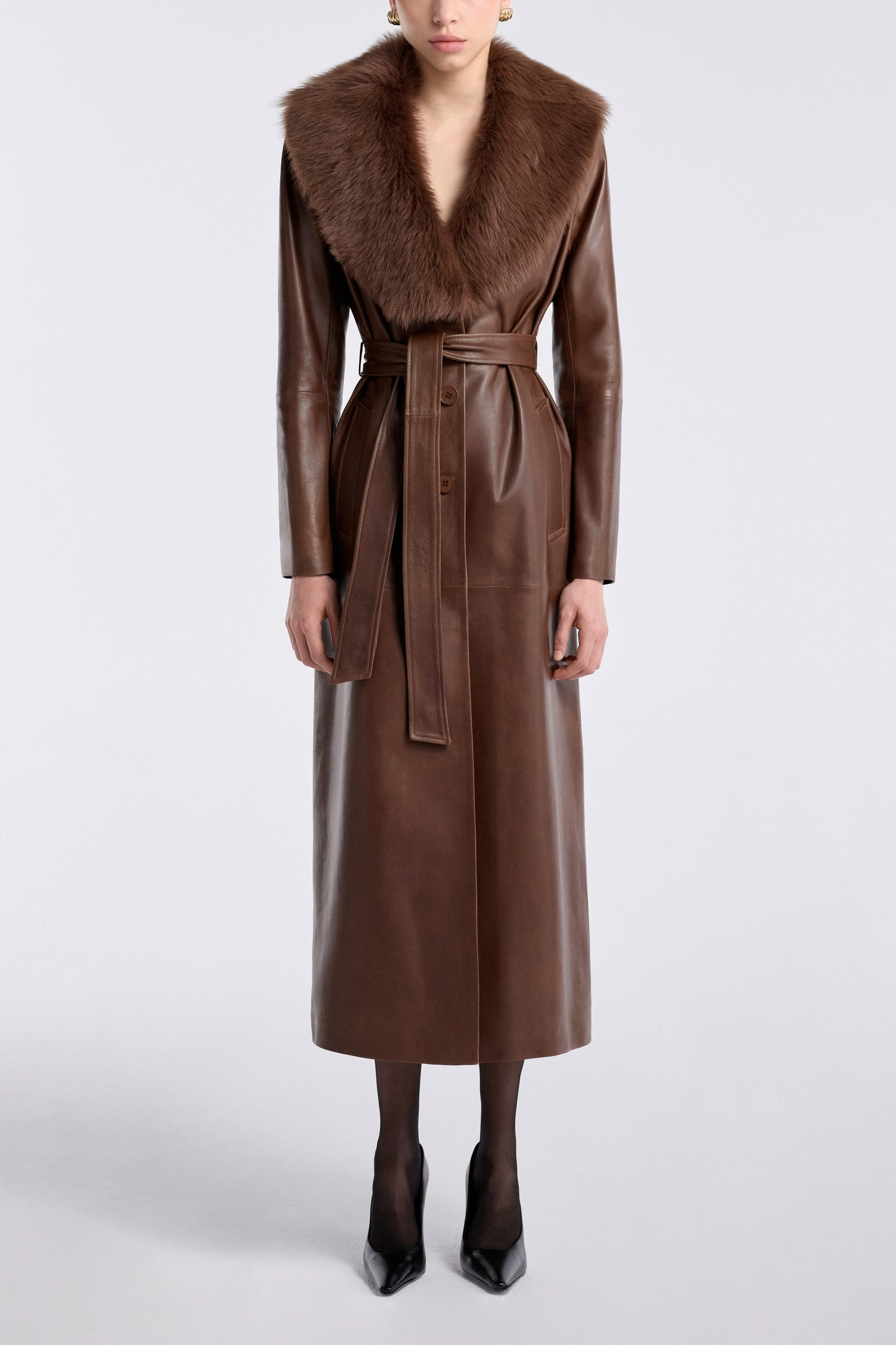 Havira Brown Luxe Leather Coat with fox fur collar