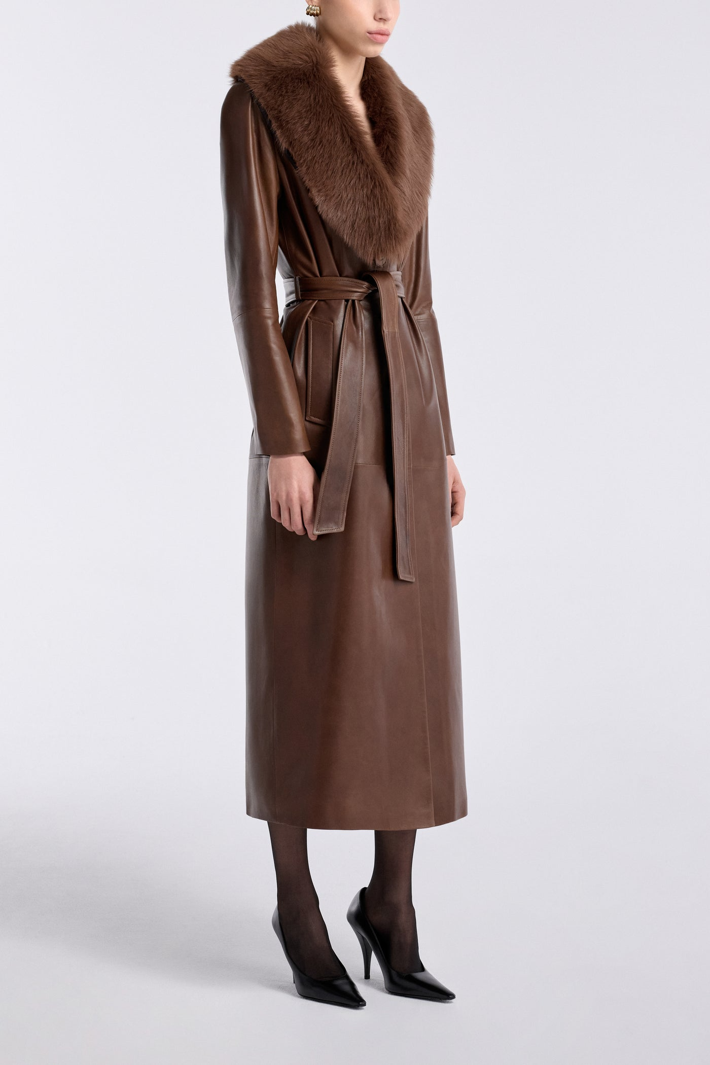 Havira Brown Luxe Leather Coat with fox fur collar