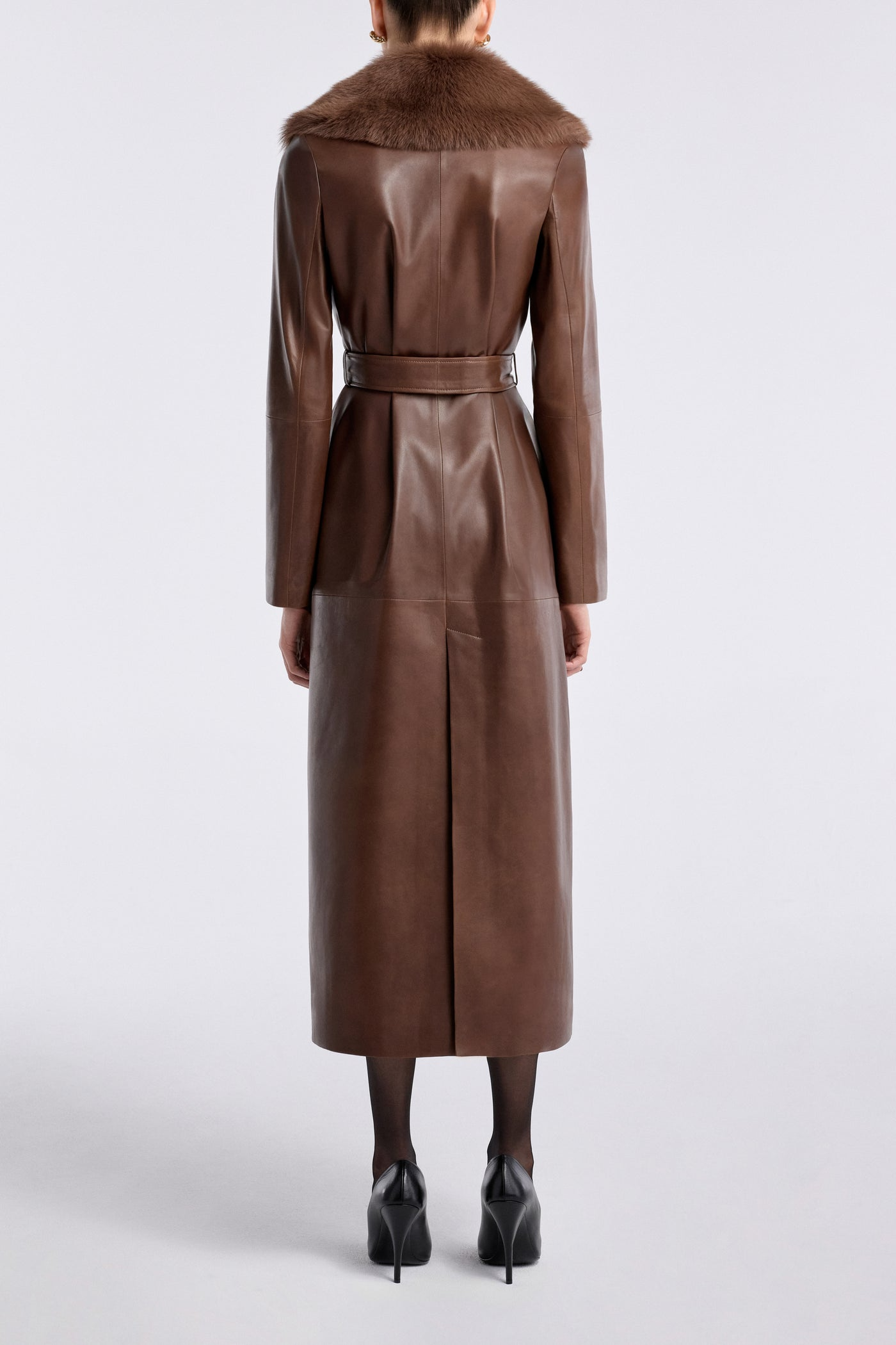 Havira Brown Luxe Leather Coat with fox fur collar
