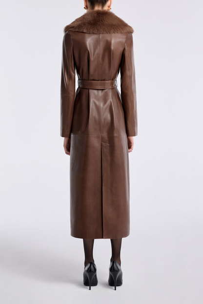 Havira Brown Luxe Leather Coat with fox fur collar