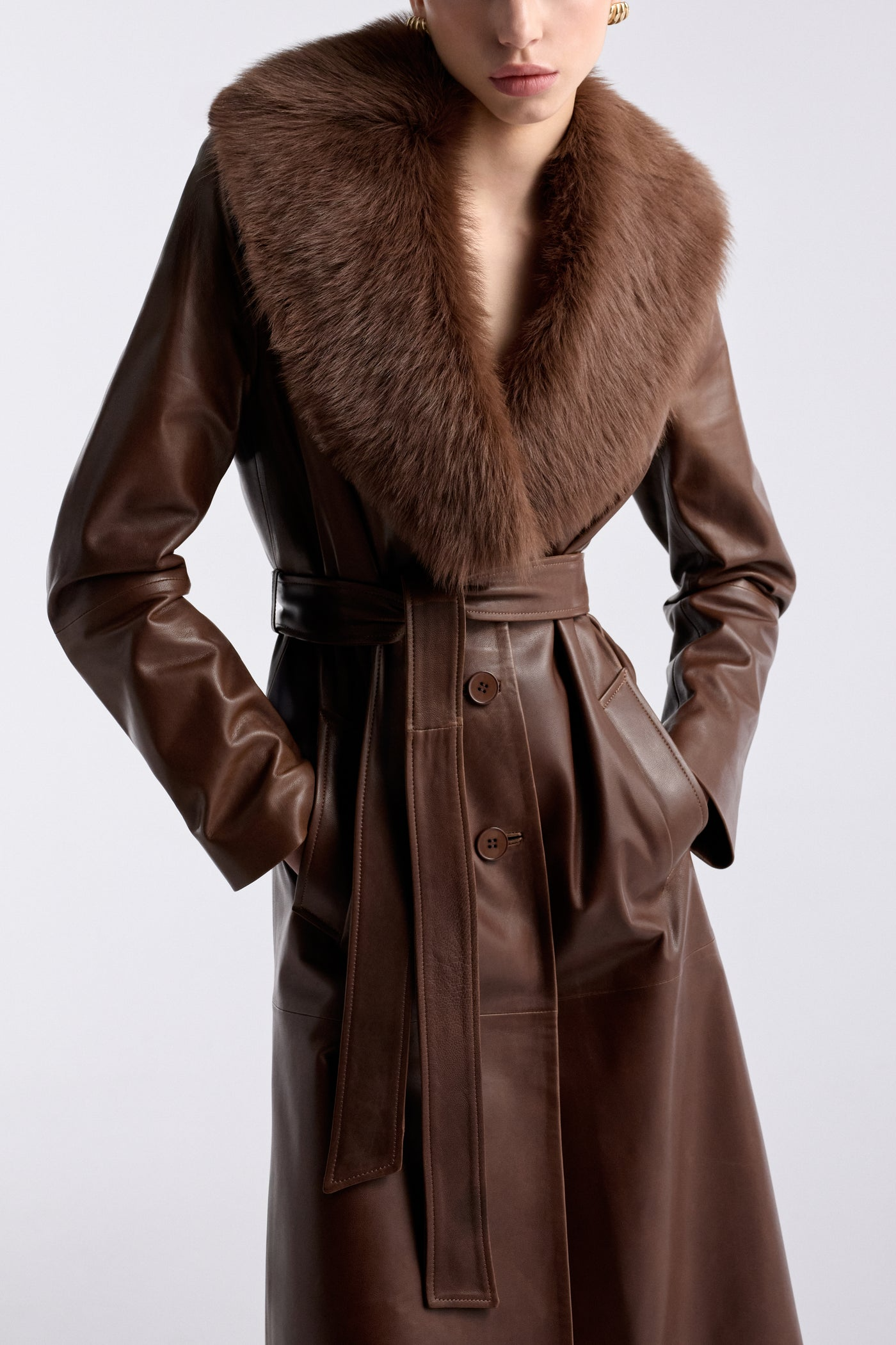 Havira Brown Luxe Leather Coat with fox fur collar