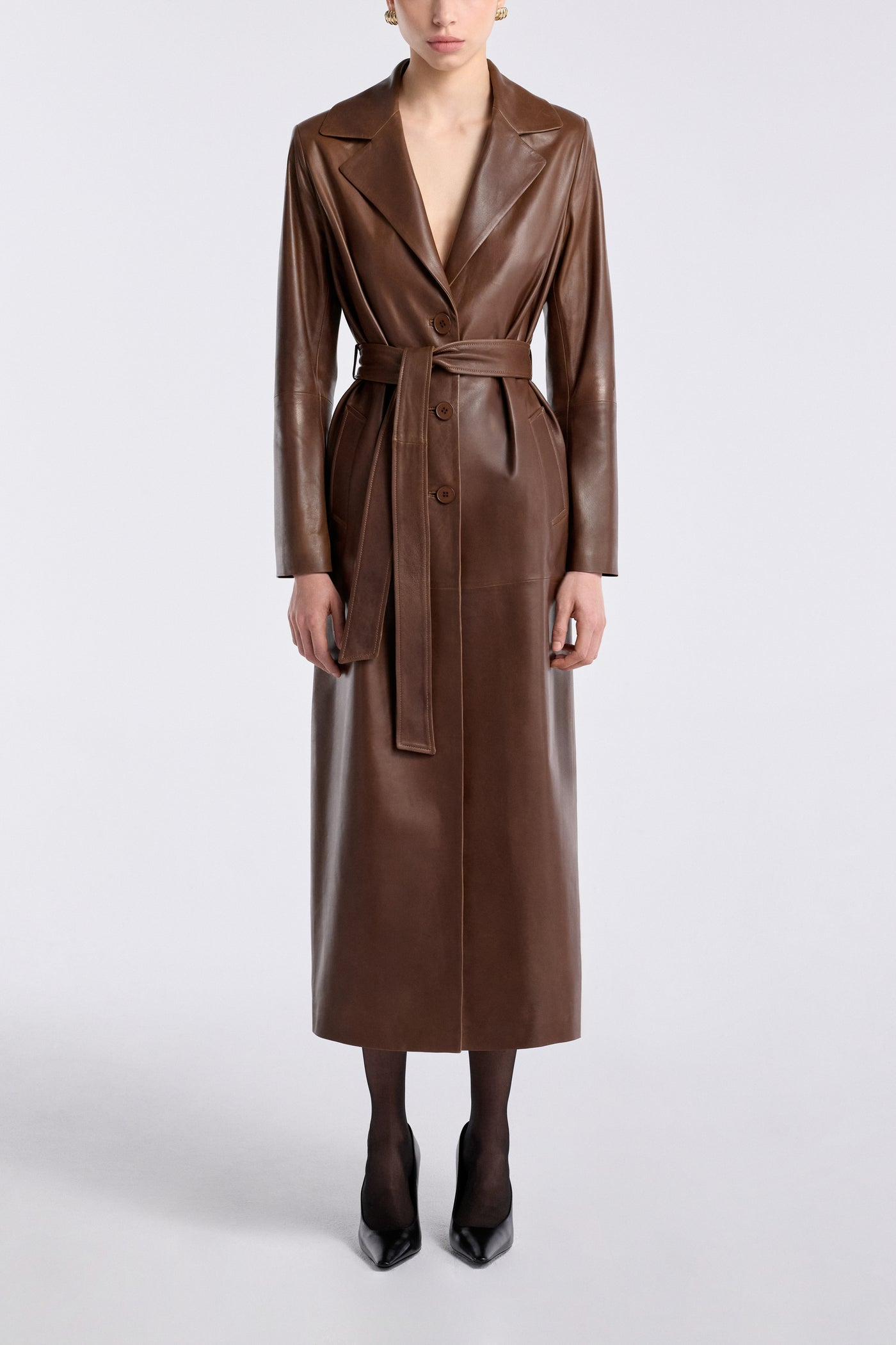 Havira Brown Luxe Leather Coat with fox fur collar