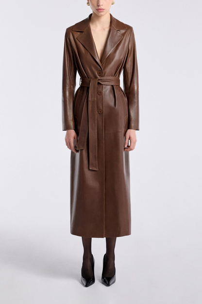 Havira Brown Luxe Leather Coat with fox fur collar