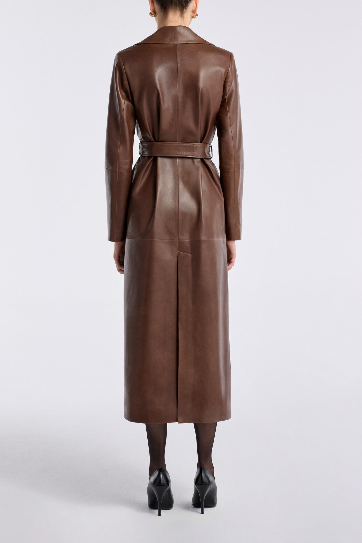 Havira Brown Luxe Leather Coat with fox fur collar