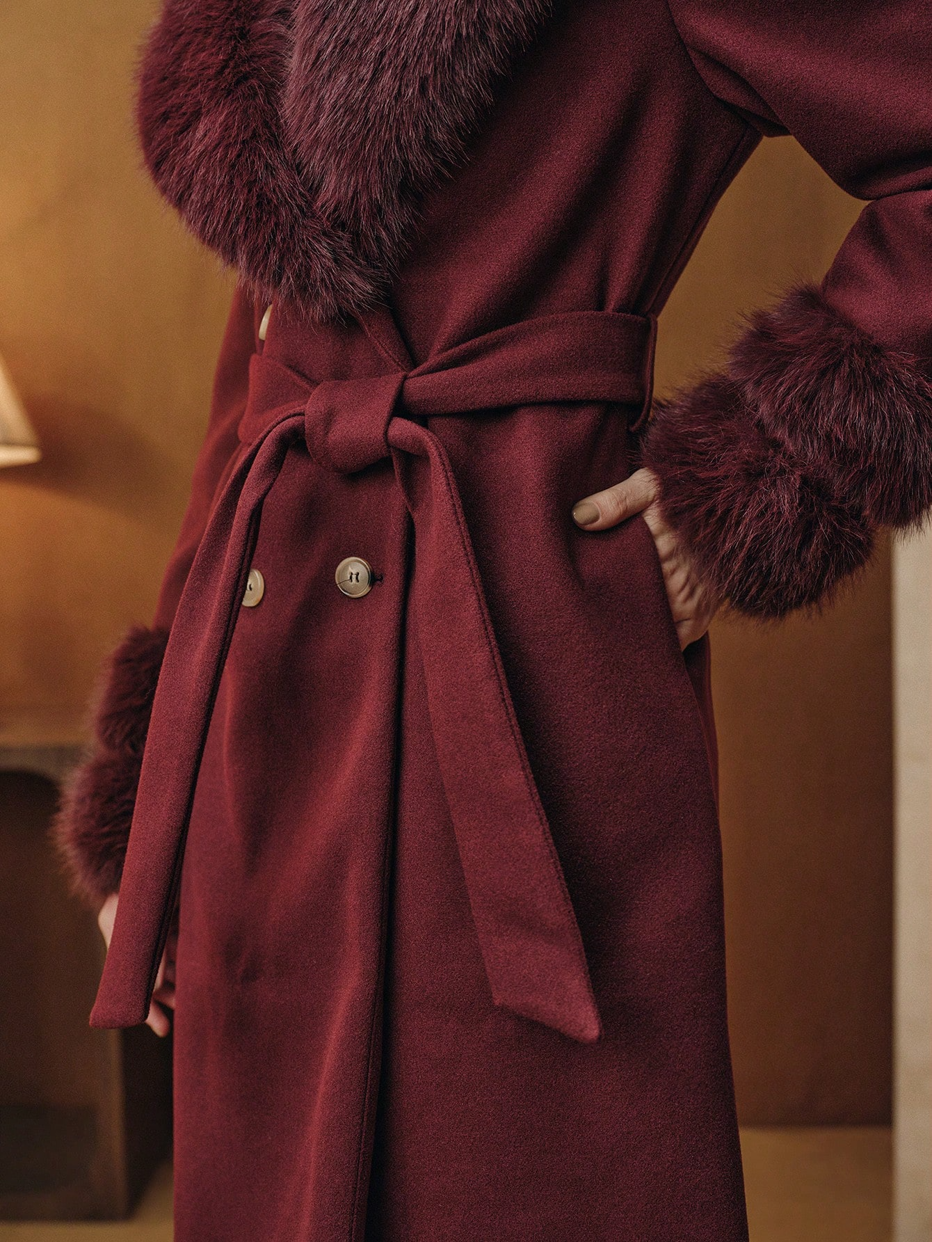 Havira's Long Wool Blend Coat with Faux Fur Collar and Belt