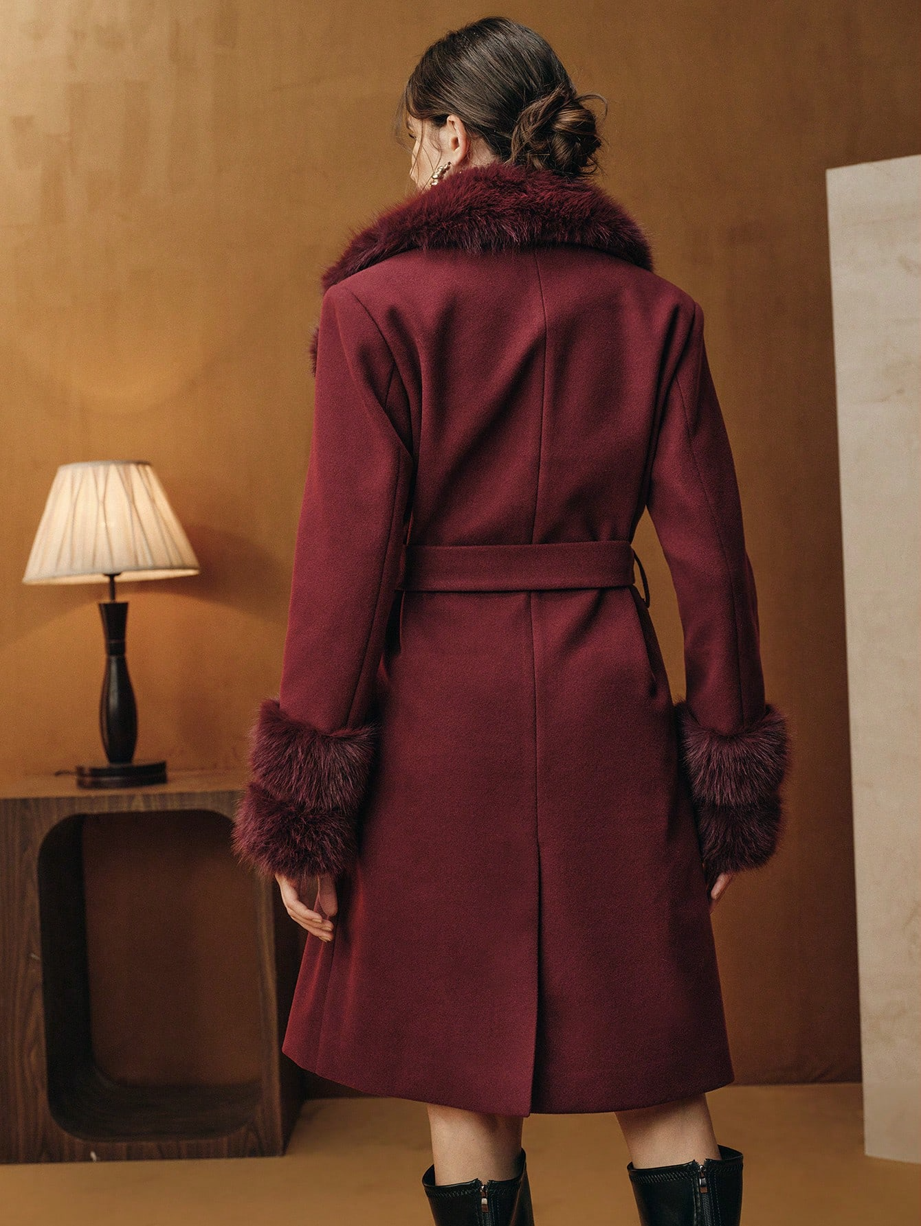 Havira's Long Wool Blend Coat with Faux Fur Collar and Belt