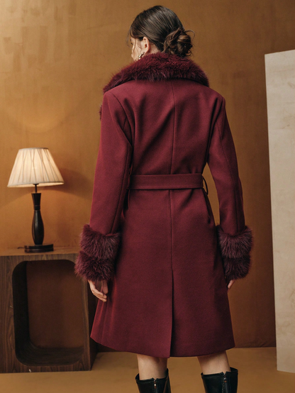 Havira's Long Wool Blend Coat with Faux Fur Collar and Belt