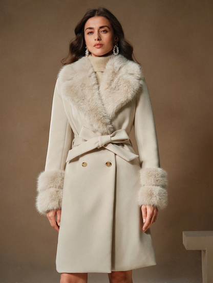 Havira's Long Wool Blend Coat with Faux Fur Collar and Belt