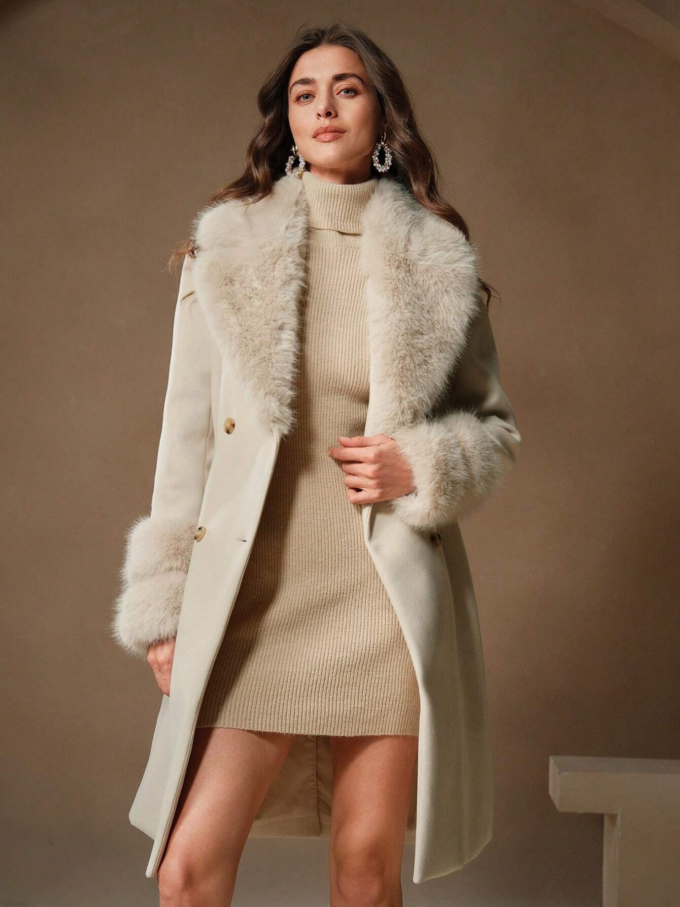 Havira's Long Wool Blend Coat with Faux Fur Collar and Belt