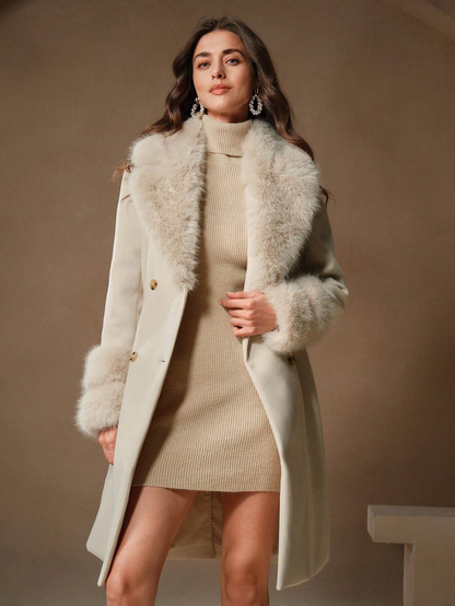 Havira's Long Wool Blend Coat with Faux Fur Collar and Belt