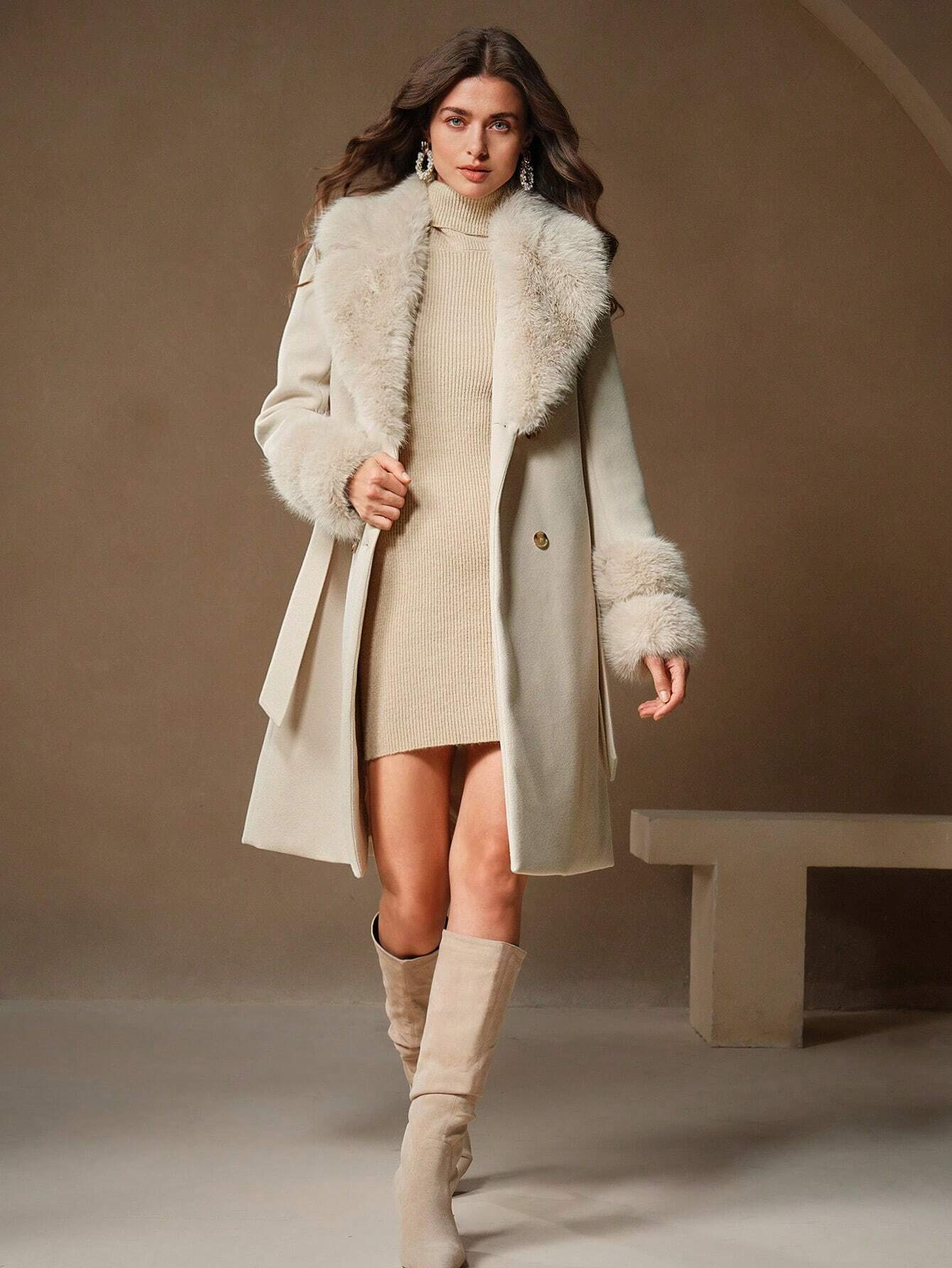 Havira's Long Wool Blend Coat with Faux Fur Collar and Belt