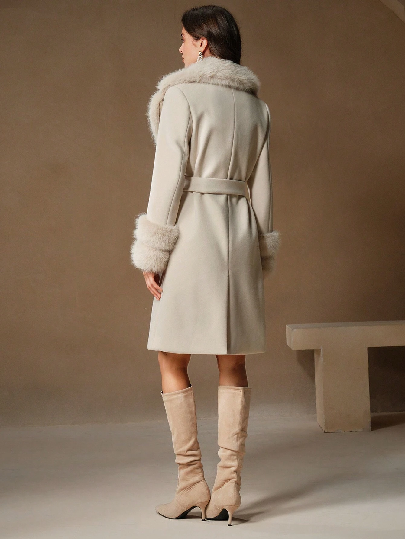 Havira's Long Wool Blend Coat with Faux Fur Collar and Belt