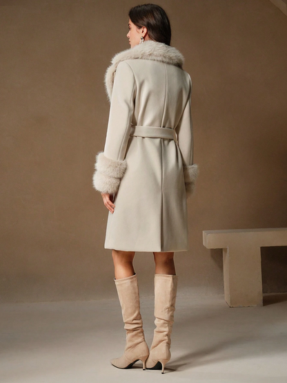 Havira's Long Wool Blend Coat with Faux Fur Collar and Belt