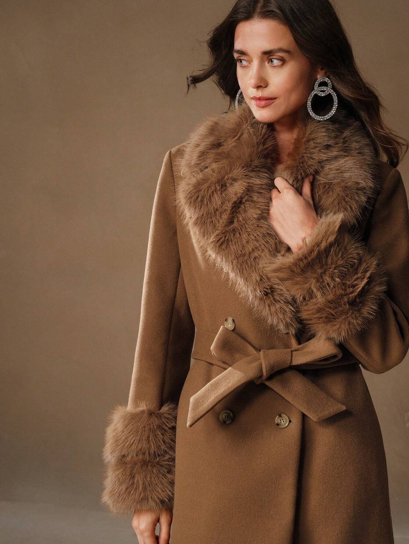 Havira's Long Wool Blend Coat with Faux Fur Collar and Belt