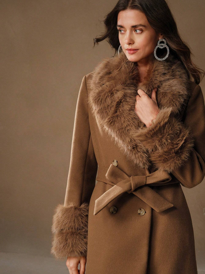Havira's Long Wool Blend Coat with Faux Fur Collar and Belt