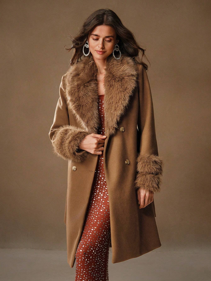 Havira's Long Wool Blend Coat with Faux Fur Collar and Belt