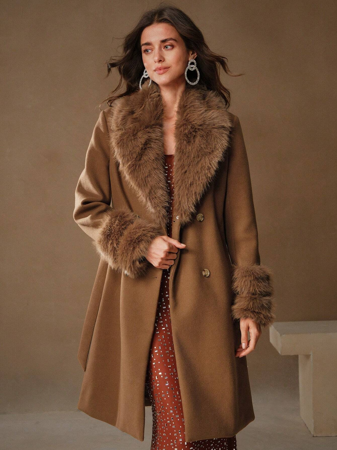 Havira's Long Wool Blend Coat with Faux Fur Collar and Belt