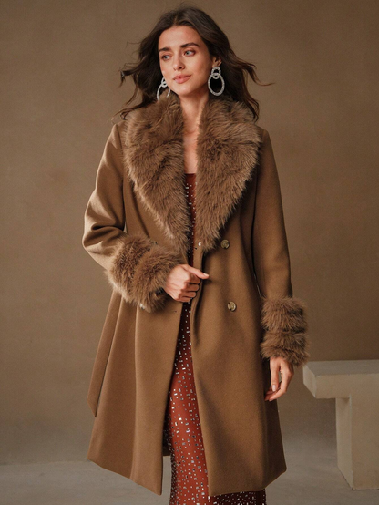 Havira's Long Wool Blend Coat with Faux Fur Collar and Belt
