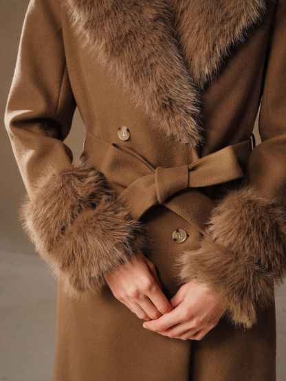 Havira's Long Wool Blend Coat with Faux Fur Collar and Belt