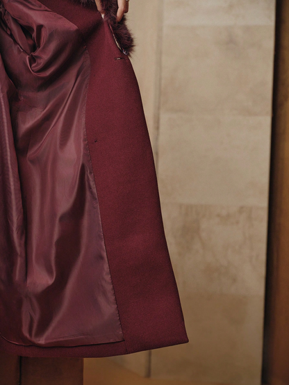 Havira's Long Wool Blend Coat with Faux Fur Collar and Belt