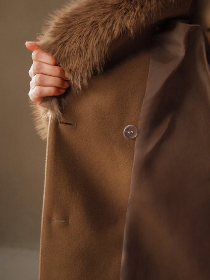 Havira's Long Wool Blend Coat with Faux Fur Collar and Belt