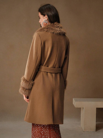 Havira's Long Wool Blend Coat with Faux Fur Collar and Belt