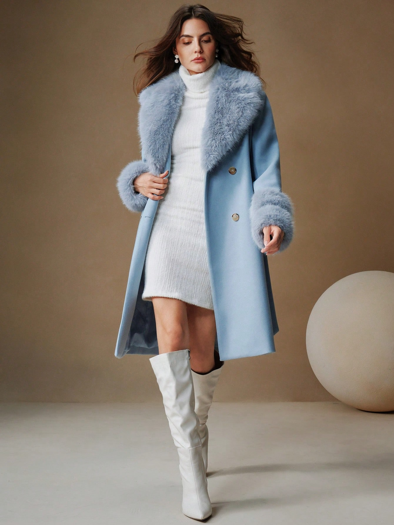 Havira's Long Wool Blend Coat with Faux Fur Collar and Belt