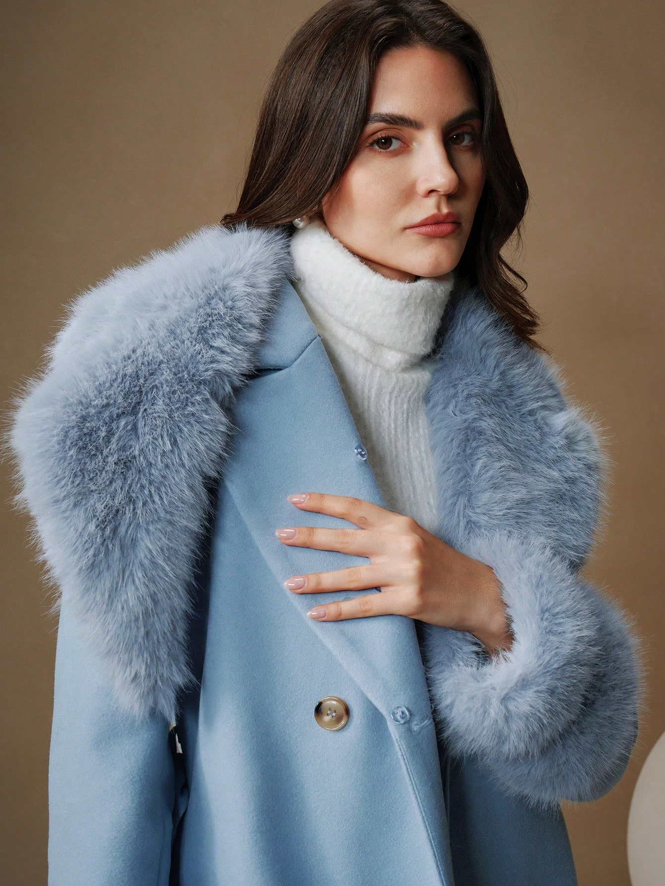 Havira's Long Wool Blend Coat with Faux Fur Collar and Belt