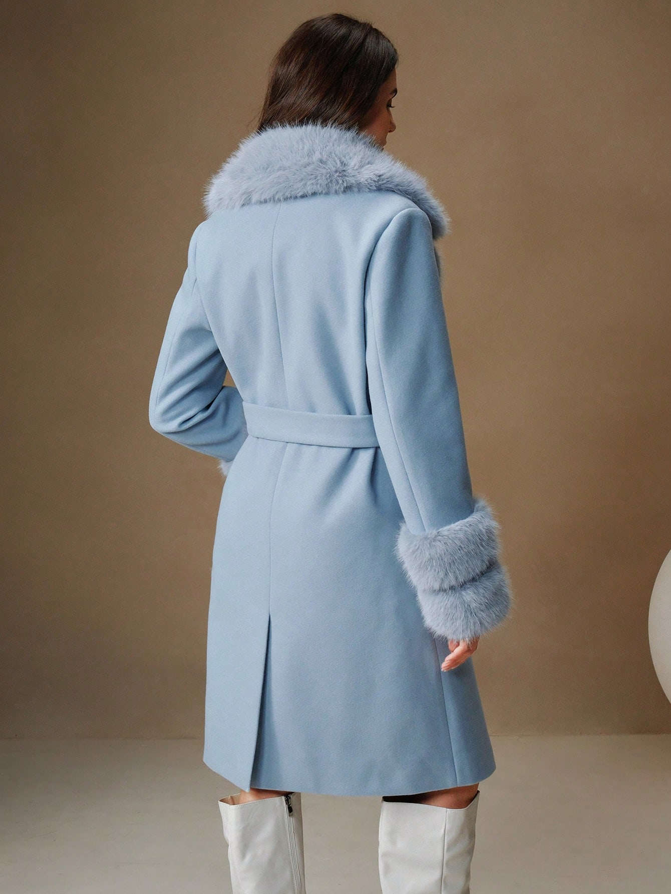 Havira's Long Wool Blend Coat with Faux Fur Collar and Belt