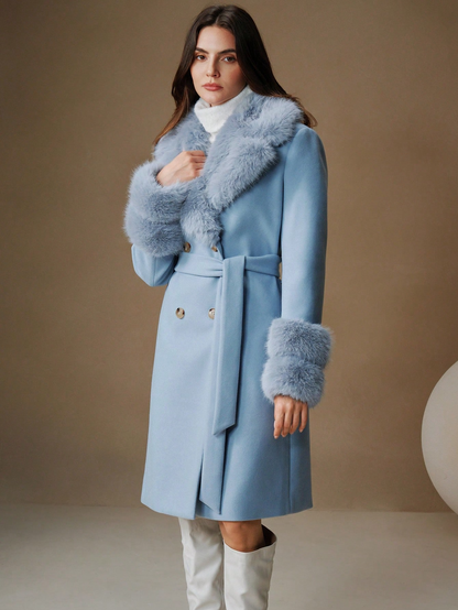 Havira's Long Wool Blend Coat with Faux Fur Collar and Belt