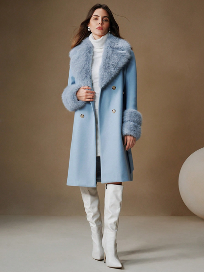 Havira's Long Wool Blend Coat with Faux Fur Collar and Belt