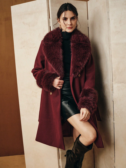 Havira's Long Wool Blend Coat with Faux Fur Collar and Belt