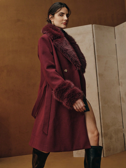 Havira's Long Wool Blend Coat with Faux Fur Collar and Belt