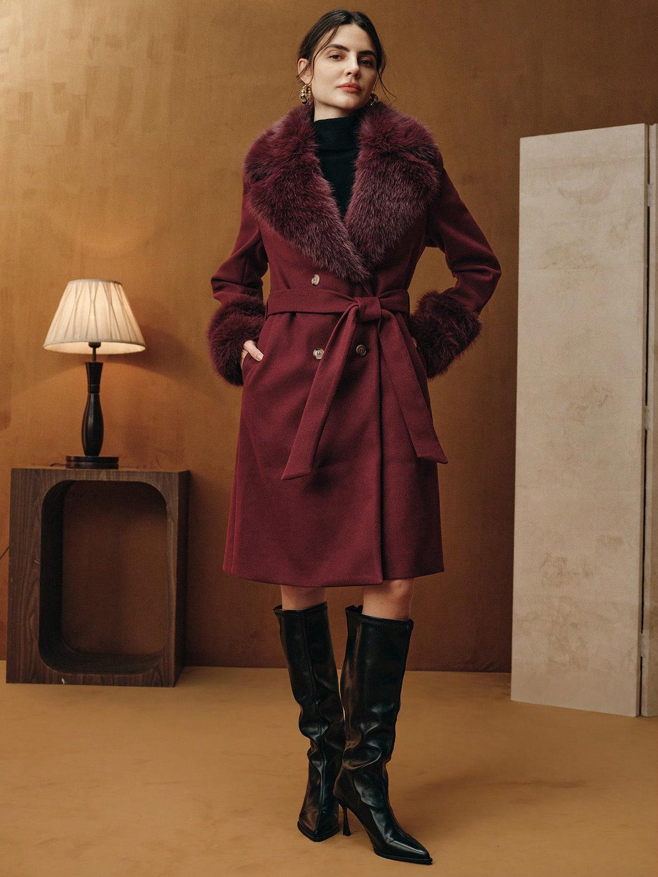 Havira's Long Wool Blend Coat with Faux Fur Collar and Belt