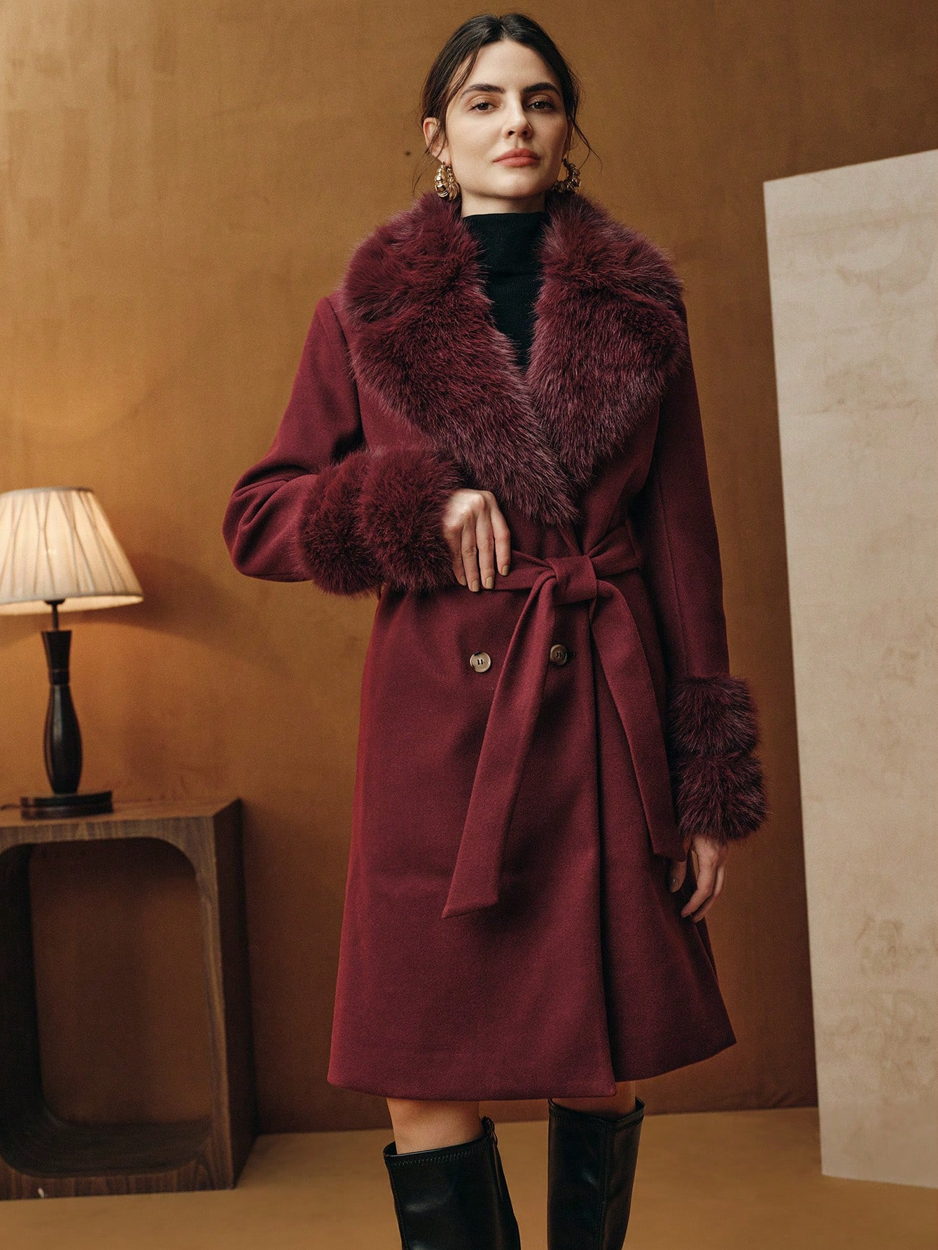 Havira's Long Wool Blend Coat with Faux Fur Collar and Belt