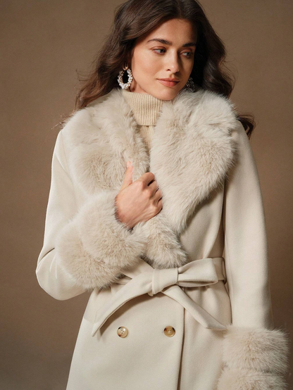 Havira's Long Wool Blend Coat with Faux Fur Collar and Belt
