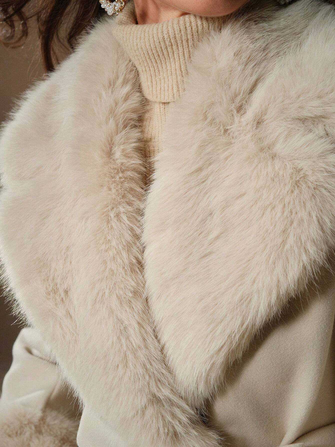 Havira's Long Wool Blend Coat with Faux Fur Collar and Belt