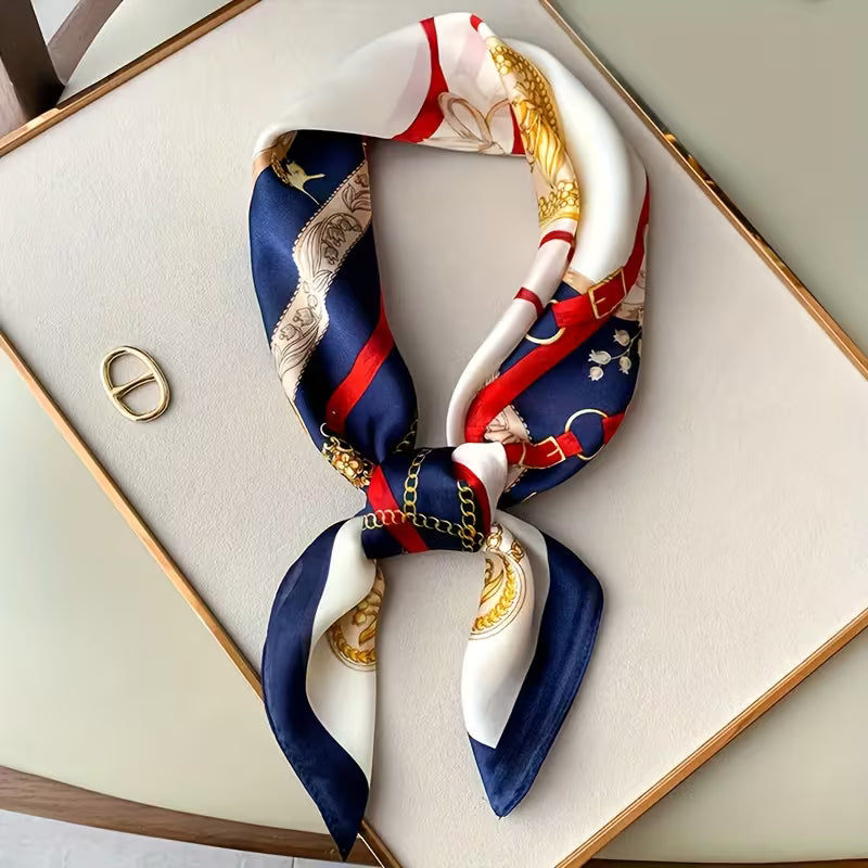 Navy Blue Silk Printed Square Scarf