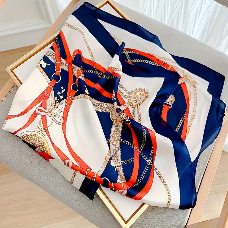 Navy Blue Silk Printed Square Scarf