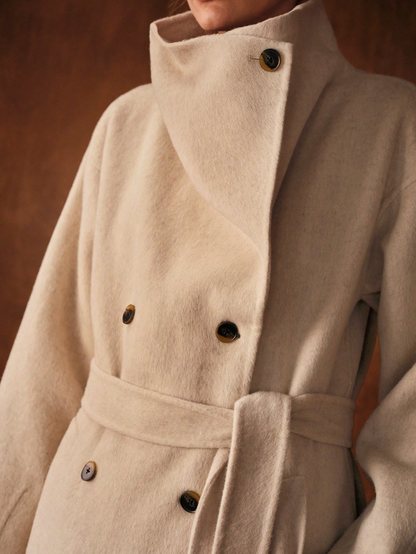 Havira Premium Double-breasted Long Wool Coat with Waterfall Collar