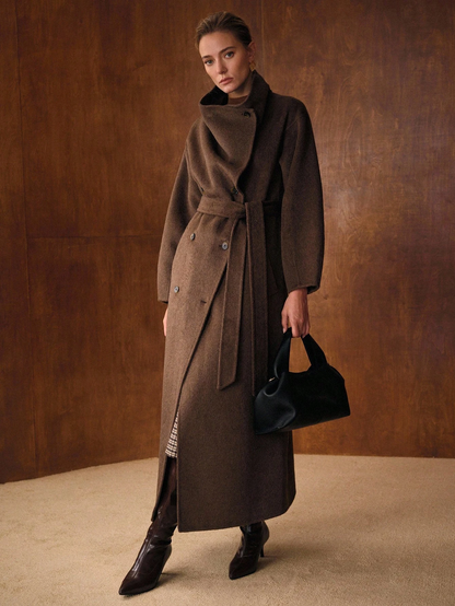 Havira Premium Double-breasted Long Wool Coat with Waterfall Collar