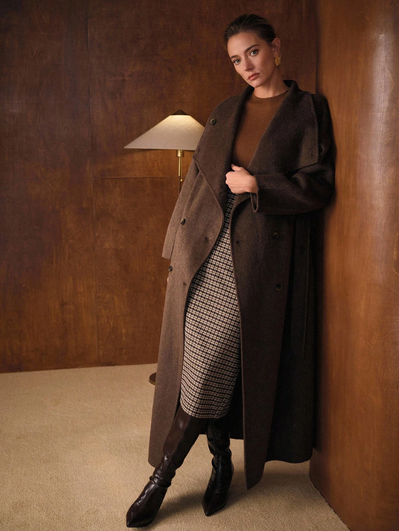 Havira Premium Double-breasted Long Wool Coat with Waterfall Collar