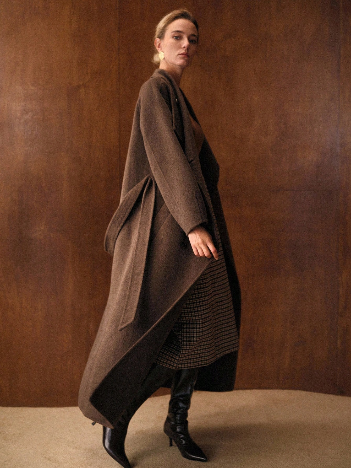 Havira Premium Double-breasted Long Wool Coat with Waterfall Collar