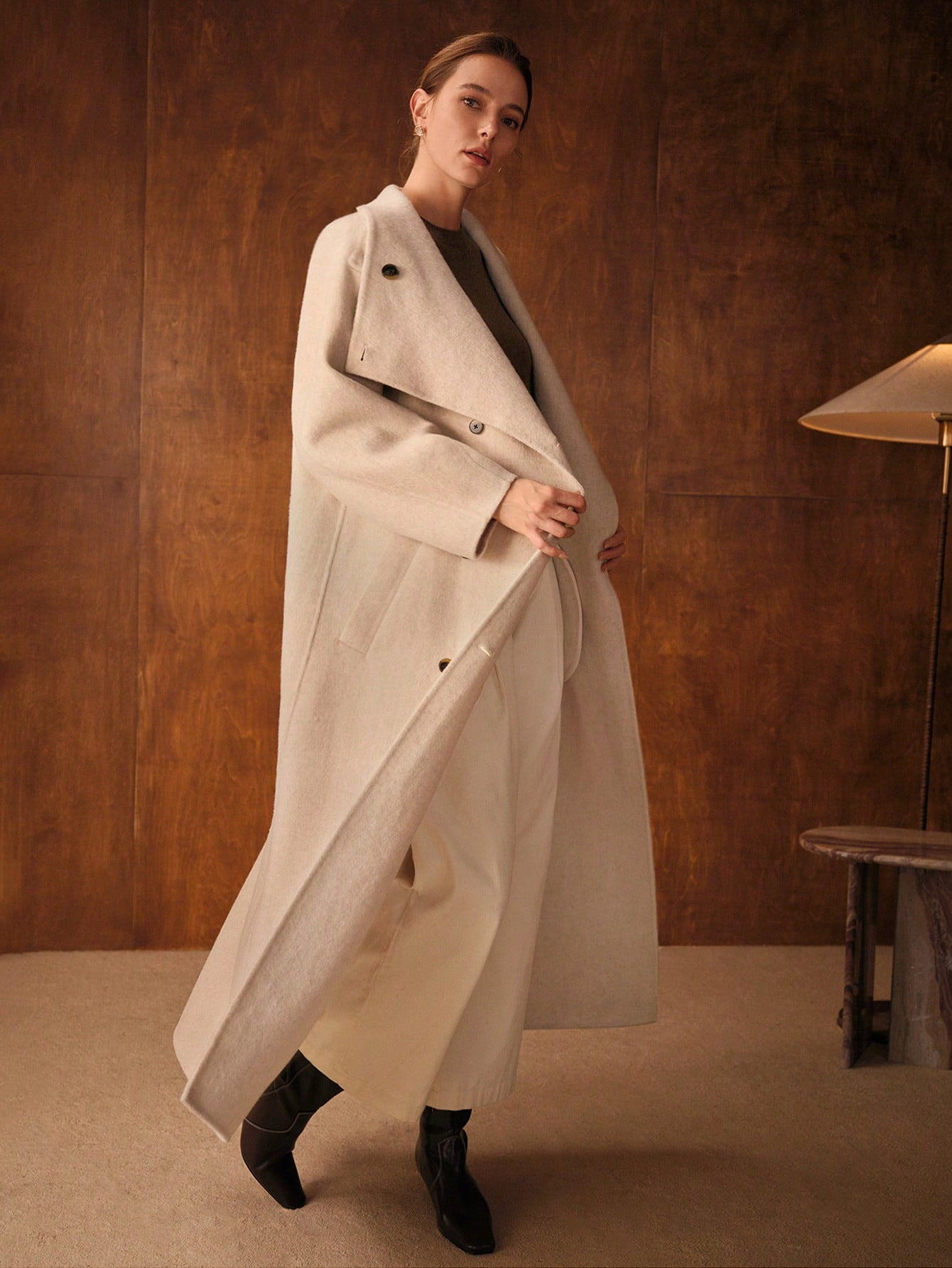 Havira Premium Double-breasted Long Wool Coat with Waterfall Collar