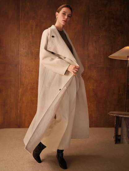 Havira Premium Double-breasted Long Wool Coat with Waterfall Collar